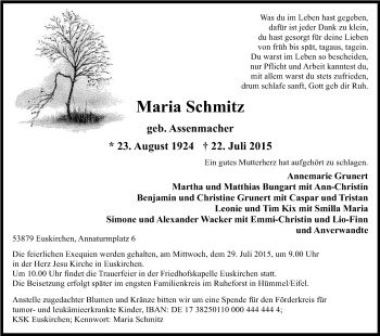 Anzeige von Maria Schmitz von Kölner Stadt-Anzeiger / Kölnische Rundschau / Express