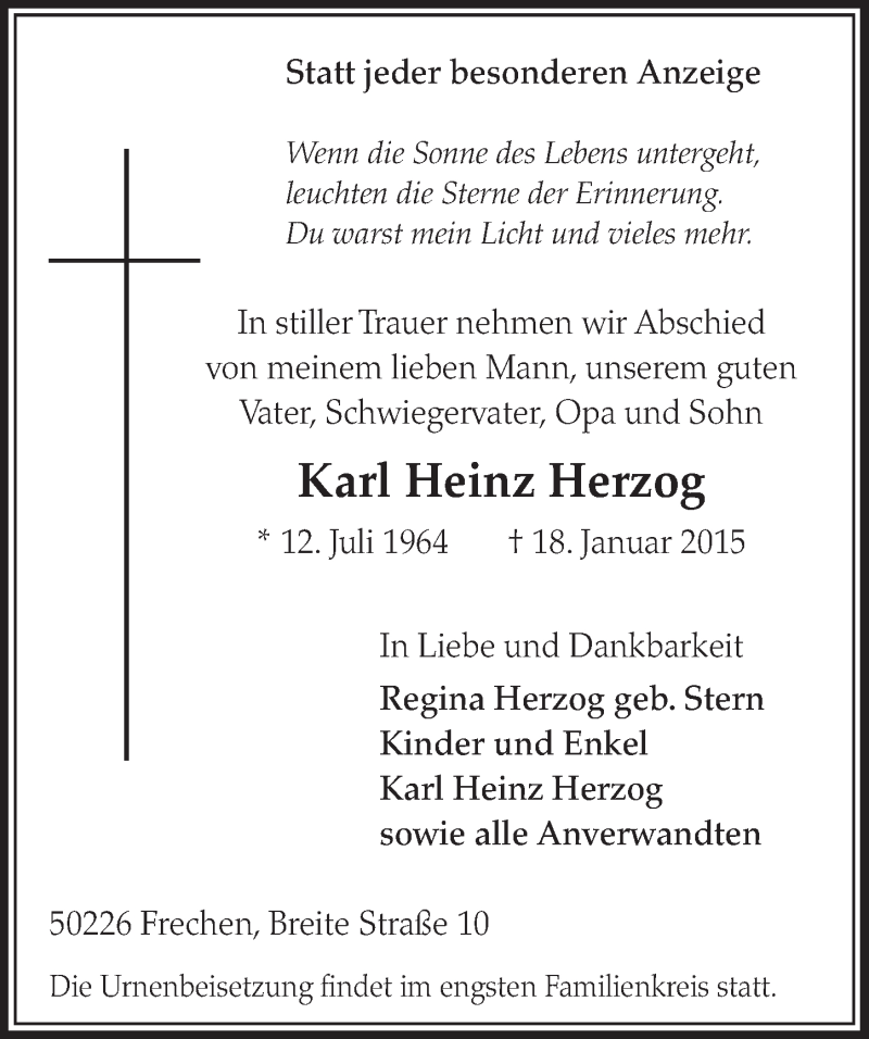  Traueranzeige für Karl Heinz Herzog vom 24.01.2015 aus  Sonntags-Post 