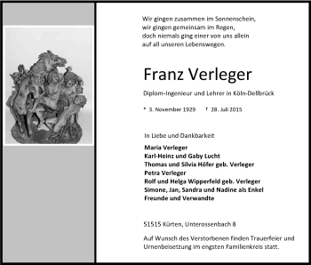 Anzeige von Franz Verleger von Kölner Stadt-Anzeiger / Kölnische Rundschau / Express