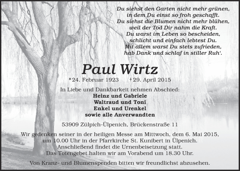  Traueranzeige für Paul Wirtz vom 03.05.2015 aus  Blickpunkt Euskirchen 