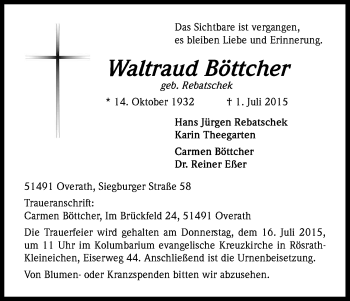 Anzeige von Waltraud Böttcher von Kölner Stadt-Anzeiger / Kölnische Rundschau / Express