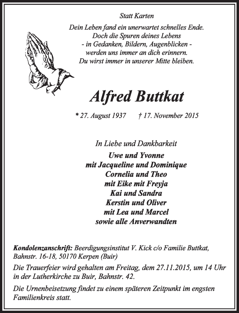  Traueranzeige für Alfred Buttkat vom 21.11.2015 aus  Sonntags-Post 