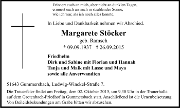 Anzeige von Margarete Stöcker von Kölner Stadt-Anzeiger / Kölnische Rundschau / Express