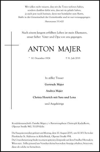 Anzeige von Anton Majer von Kölner Stadt-Anzeiger / Kölnische Rundschau / Express