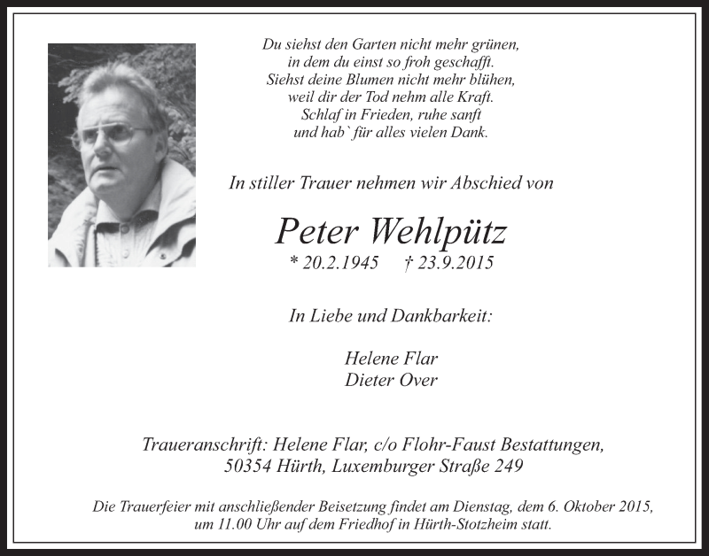  Traueranzeige für Peter Wehlpütz vom 30.09.2015 aus  Wochenende 