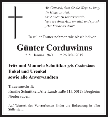 Anzeige von Günter Corduwinus von  Werbepost 