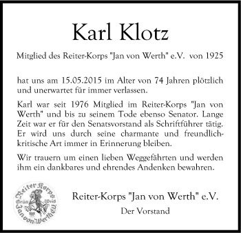 Anzeige von Karl Klotz von Kölner Stadt-Anzeiger / Kölnische Rundschau / Express