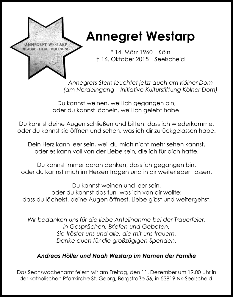  Traueranzeige für Annegret Westarp vom 05.12.2015 aus Kölner Stadt-Anzeiger / Kölnische Rundschau / Express