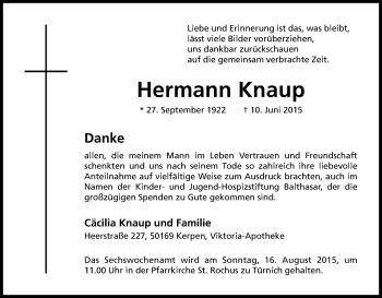 Anzeige von Hermann Knaup von Kölner Stadt-Anzeiger / Kölnische Rundschau / Express