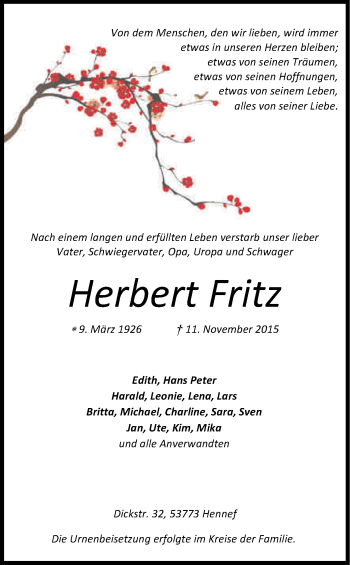 Anzeige von Herbert Fritz von Kölner Stadt-Anzeiger / Kölnische Rundschau / Express