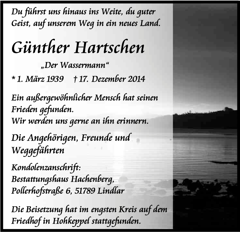  Traueranzeige für Günther Hartschen vom 24.01.2015 aus Kölner Stadt-Anzeiger / Kölnische Rundschau / Express