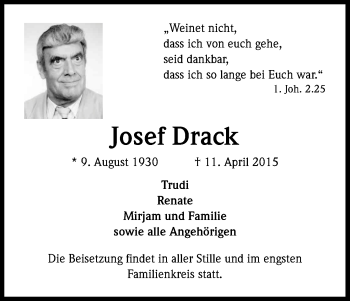 Anzeige von Josef Drack von Kölner Stadt-Anzeiger / Kölnische Rundschau / Express