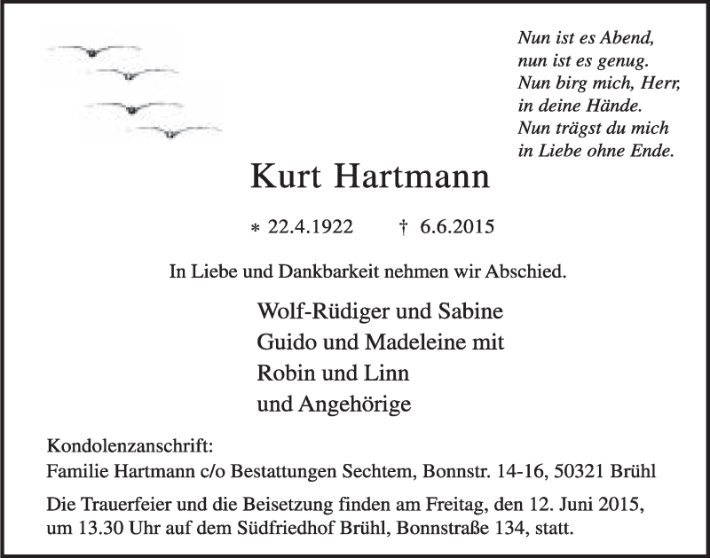  Traueranzeige für Kurt Hartmann vom 10.06.2015 aus  Schlossbote/Werbekurier 