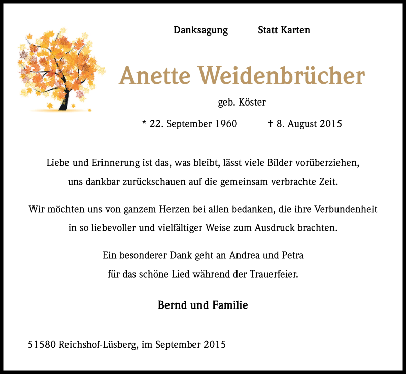  Traueranzeige für Anette Weidenbrücher vom 26.09.2015 aus Kölner Stadt-Anzeiger / Kölnische Rundschau / Express