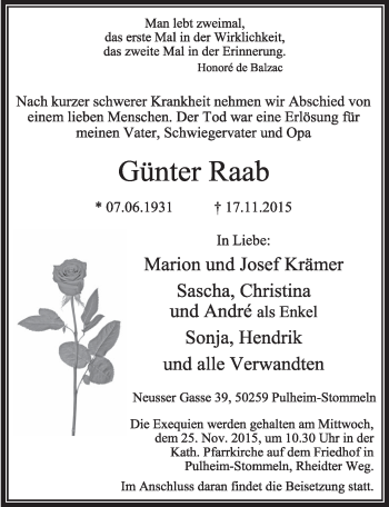 Anzeige von Günter Raab von  Sonntags-Post 