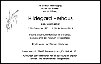 Anzeige von Hildegard Herhaus von Kölner Stadt-Anzeiger / Kölnische Rundschau / Express