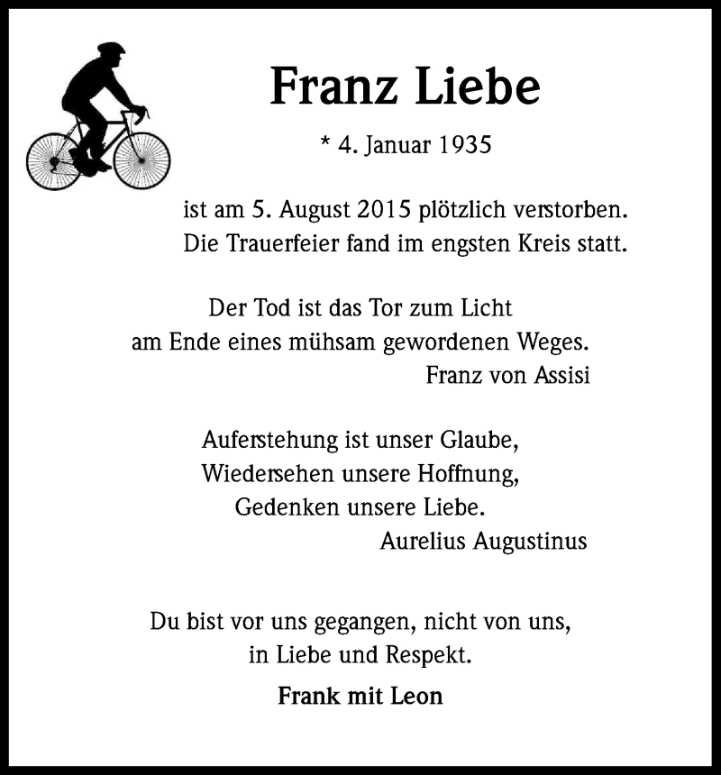  Traueranzeige für Franz Liebe vom 07.11.2015 aus Kölner Stadt-Anzeiger / Kölnische Rundschau / Express