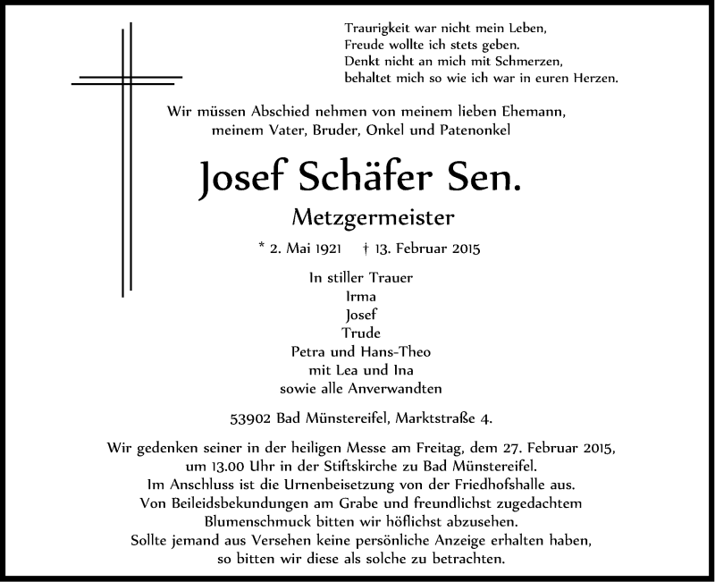  Traueranzeige für Josef Schäfer vom 21.02.2015 aus Kölner Stadt-Anzeiger / Kölnische Rundschau / Express