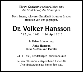 Anzeige von Volker Hansson von Kölner Stadt-Anzeiger / Kölnische Rundschau / Express