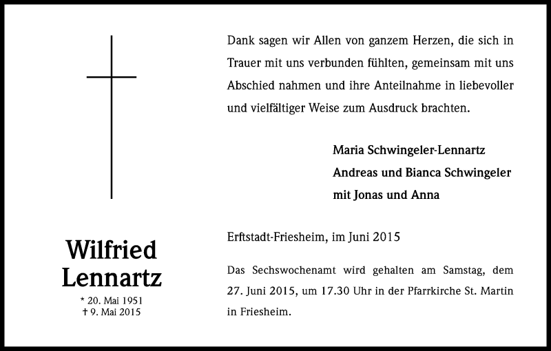  Traueranzeige für Wilfried Lennartz vom 24.06.2015 aus Kölner Stadt-Anzeiger / Kölnische Rundschau / Express