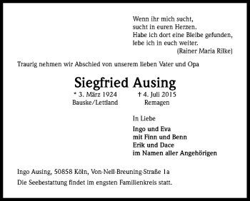 Anzeige von Siegfried Ausing von Kölner Stadt-Anzeiger / Kölnische Rundschau / Express