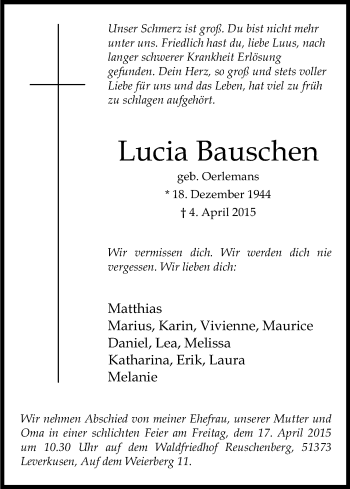 Anzeige von Lucia Bauschen von Kölner Stadt-Anzeiger / Kölnische Rundschau / Express