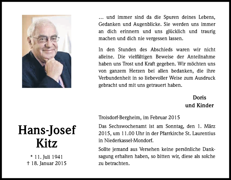  Traueranzeige für Hans-Josef Kitz vom 21.02.2015 aus Kölner Stadt-Anzeiger / Kölnische Rundschau / Express