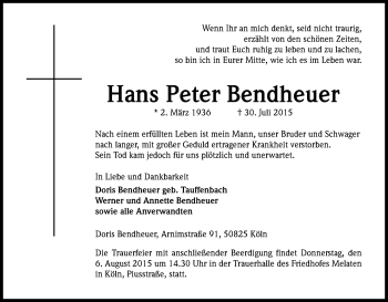 Anzeige von Hans Peter Bendheuer von Kölner Stadt-Anzeiger / Kölnische Rundschau / Express