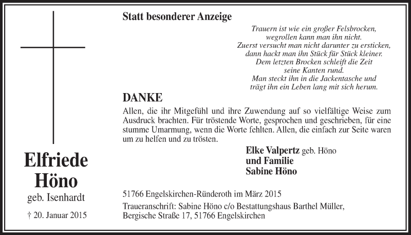  Traueranzeige für Elfriede Höno vom 11.03.2015 aus  Anzeigen Echo 