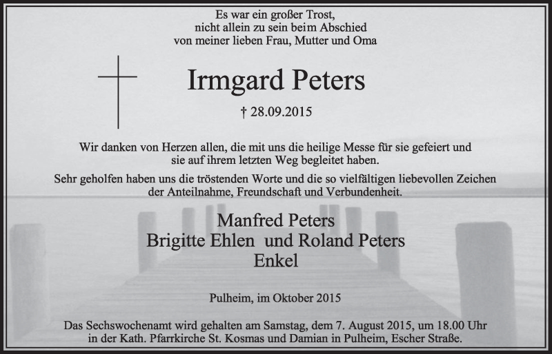  Traueranzeige für Irmgard Peters vom 24.10.2015 aus  Sonntags-Post 