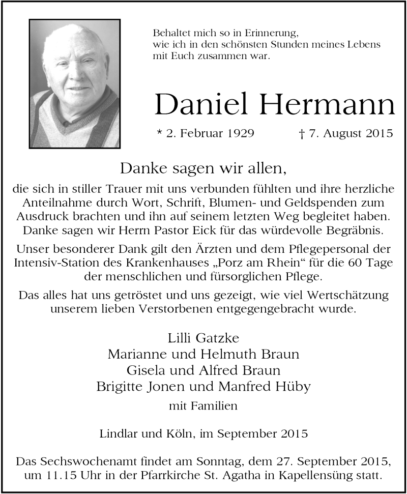  Traueranzeige für Daniel Hermann vom 23.09.2015 aus  Kölner Wochenspiegel 