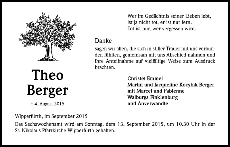  Traueranzeige für Theo Berger vom 09.09.2015 aus Kölner Stadt-Anzeiger / Kölnische Rundschau / Express