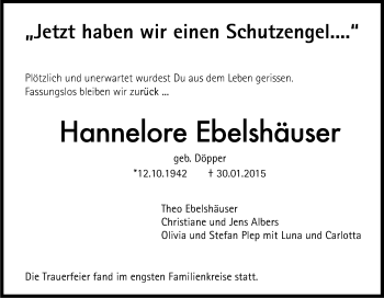 Anzeige von Hannelore Ebelshäuser von Kölner Stadt-Anzeiger / Kölnische Rundschau / Express