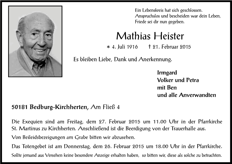 Traueranzeige für Mathias Heister vom 24.02.2015 aus Kölner Stadt-Anzeiger / Kölnische Rundschau / Express