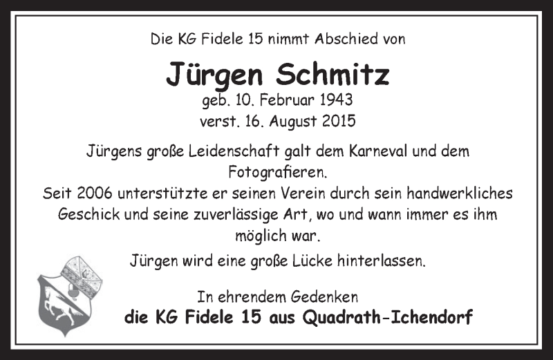  Traueranzeige für Jürgen Schmitz vom 02.09.2015 aus  Werbepost 