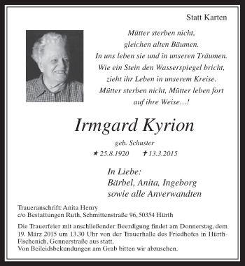 Anzeige von Irmgard Kyrion von  Wochenende 