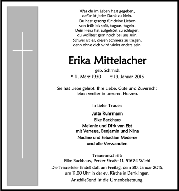 Anzeige von Erika Mittelacher von Kölner Stadt-Anzeiger / Kölnische Rundschau / Express