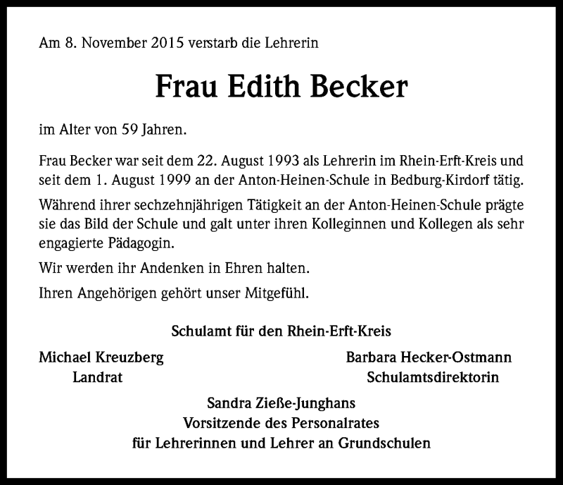  Traueranzeige für Edith Becker vom 14.11.2015 aus Köln - Wir Trauern