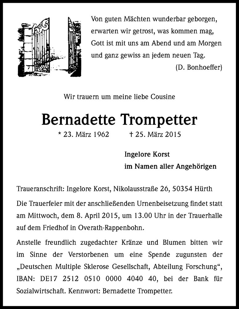  Traueranzeige für Bernadette Trompetter vom 30.03.2015 aus Kölner Stadt-Anzeiger / Kölnische Rundschau / Express