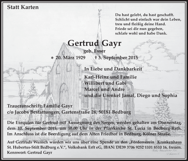  Traueranzeige für Gertrud Gayr vom 09.09.2015 aus  Werbepost 
