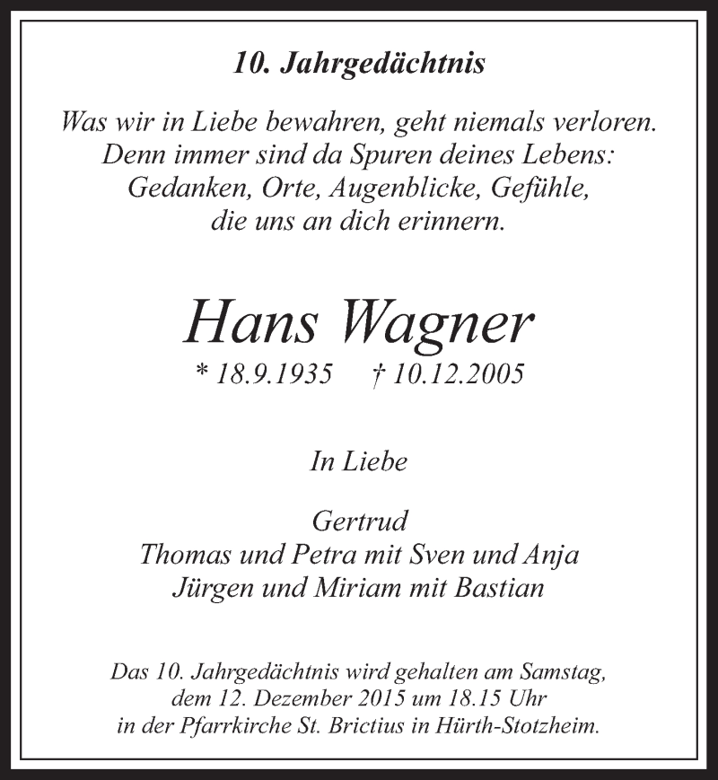  Traueranzeige für Hans Wagner vom 09.12.2015 aus  Wochenende 