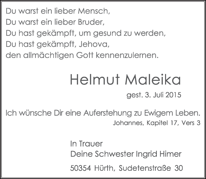  Traueranzeige für Helmut Maleika vom 15.07.2015 aus  Wochenende 