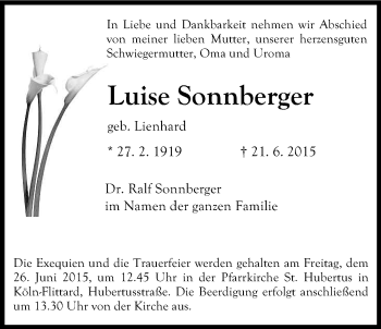 Anzeige von Luise Sonnberger von Kölner Stadt-Anzeiger / Kölnische Rundschau / Express