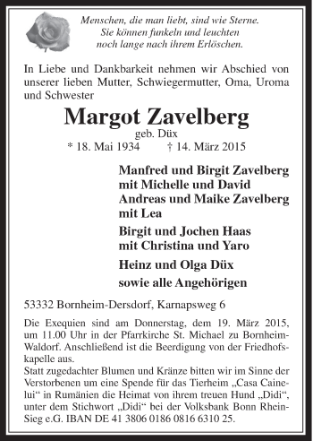 Anzeige von Margot Zavelberg von  Schaufenster/Blickpunkt 