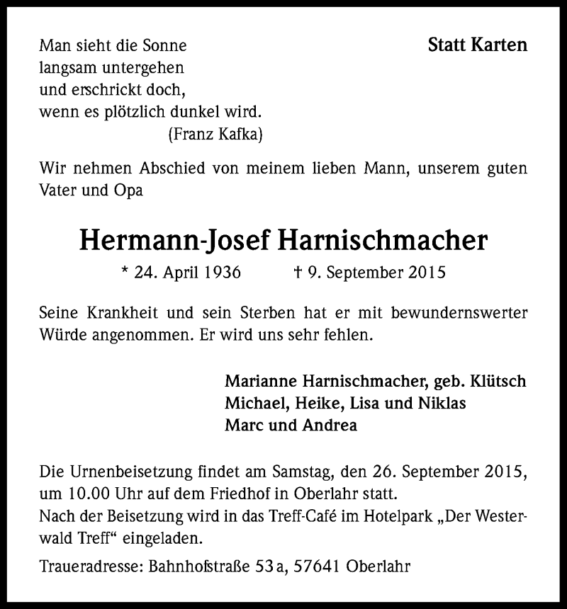  Traueranzeige für Hermann-Josef Harnischmacher vom 19.09.2015 aus Kölner Stadt-Anzeiger / Kölnische Rundschau / Express