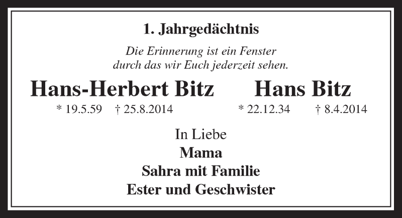  Traueranzeige für Hans-Herbert und Hans Bitz vom 19.08.2015 aus  Wochenende 