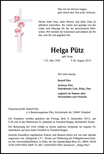 Anzeige von Helga Pütz von Kölner Stadt-Anzeiger / Kölnische Rundschau / Express