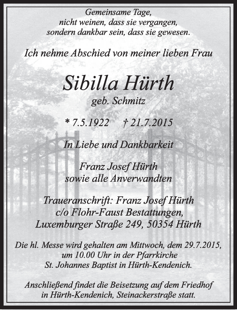  Traueranzeige für Sibilla Hürth vom 25.07.2015 aus  Sonntags-Post 