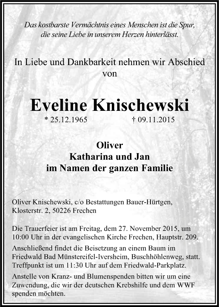  Traueranzeige für Eveline Knischewski vom 21.11.2015 aus Kölner Stadt-Anzeiger / Kölnische Rundschau / Express