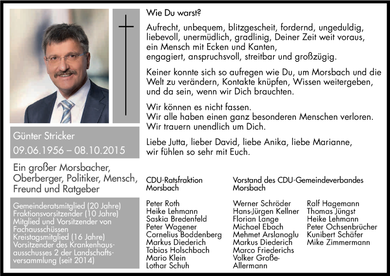  Traueranzeige für Günter Stricker vom 14.10.2015 aus Kölner Stadt-Anzeiger / Kölnische Rundschau / Express